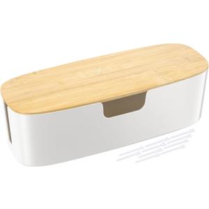 Large Cable Management Box - Cord Organize Box with Bamboo lid for Safe Home & Office, Cord Hider for Power Strip Under Desk, Cover TV Wires, Child & Pet Proof Cord Box, White