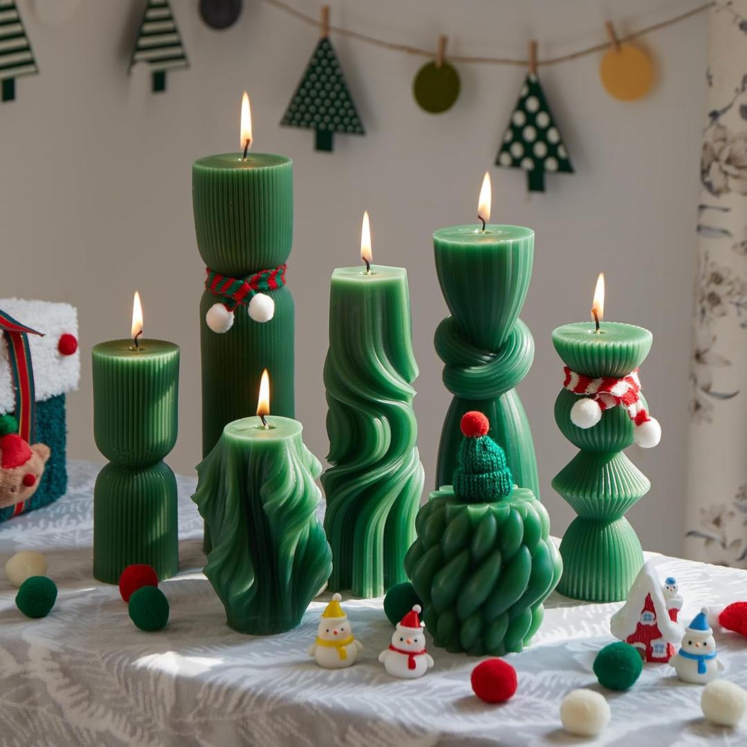 7-Pack Pillar Candles - Soy Wax Handmade Ribbed Candles for Home Decor, Housewarming Gift, Shelf & Table Decor - Aesthetic Modern Candles Set (Green)