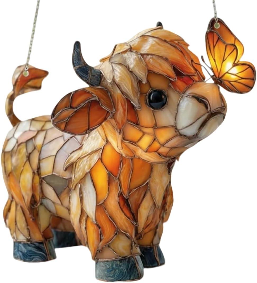 Highland Cow Butterfly Suncatcher with Amber Tones - 2D Stained Glass Style Window Hanging | Farm Animal Sun Catcher Ornament for Home Garden Farmhouse Decor, Gift for Cow Lovers