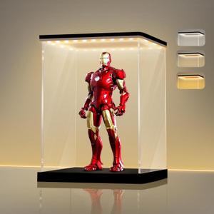 LANSCOERY Small Acrylic Display Case with Adjustable Yellow/White/Warm LED Light, UV Protection Clear Display Box, Dustproof Showcase for Action Figures, Models, Collectibles - 4.7x4.7x6 inch
