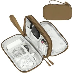 FYY Electronic Organizer, Travel Cable Organizer Bag Pouch Electronic Accessories Carry Case Portable Waterproof Double Layers Storage Bag for Cable, Charger, Phone, Earphone, Medium Size, Brown