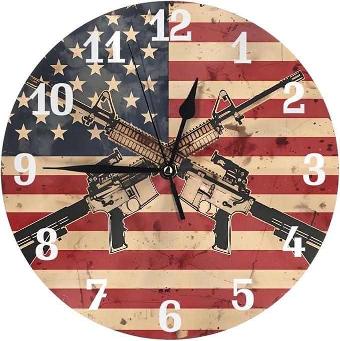 American Flag and Gun Wall Clock 9.84 Inch, Round Silent Non Ticking Modern Clocks Battery Operated for Office, Home, Bathroom, Kitchen, Bedroom, School, Living Room