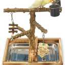 Natural Wood Bird Toys Playground, Bird Cage Accessories, Bird Perches, with Removable Tray and 2 Stainless Steel Cups