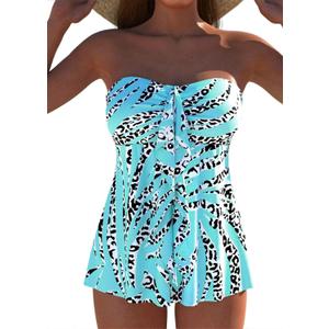 ROSEWE Two Piece Tankini Bathing Suits for Women, Removable Halter Flyaway Swimsuits, Bandeau Top with Briefs (Large, Cyan Leopard)