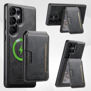 JCGOOD Magnetic Case for Samsung Galaxy S25 Ultra with 2in1 Detachable Card Holder, Military Protection, Flip Kickstand, Compatible with MagSafe &Wireless Charging, Brown Leather Phone S25Ultra Cover