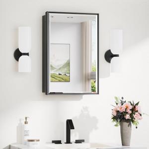 TokeShimi 16x24 Recessed Medicine Cabinet with Mirror Surface Mounted, Metal Beveled Mirror with Storage for Bathroom Vanity, Aluminum Black Medicine Cabinet Mirrored