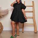 WOKANSE Women's Cute Babydoll Dresses 2024 Casual Loose Puff Sleeves Ruffle Hem Button Down Pleated Shirt Dress (Black, XL)