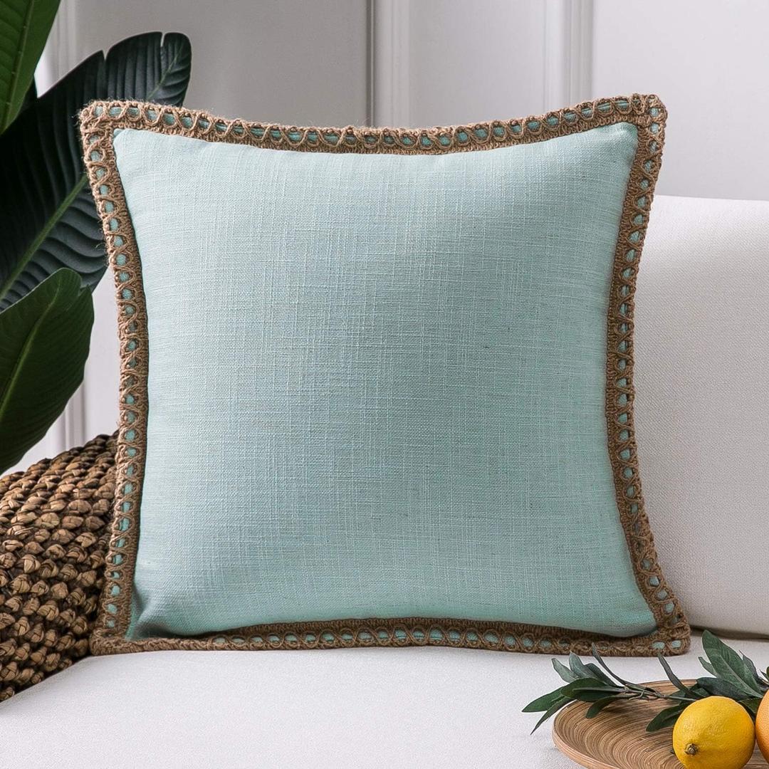 Phantoscope Farmhouse Solid Throw Decorative Pillow Cover Burlap Linen Trimmed Tailored Edges Outdoor Pillow Light Turquoise 18 x 18 inches, 45 x 45 cm