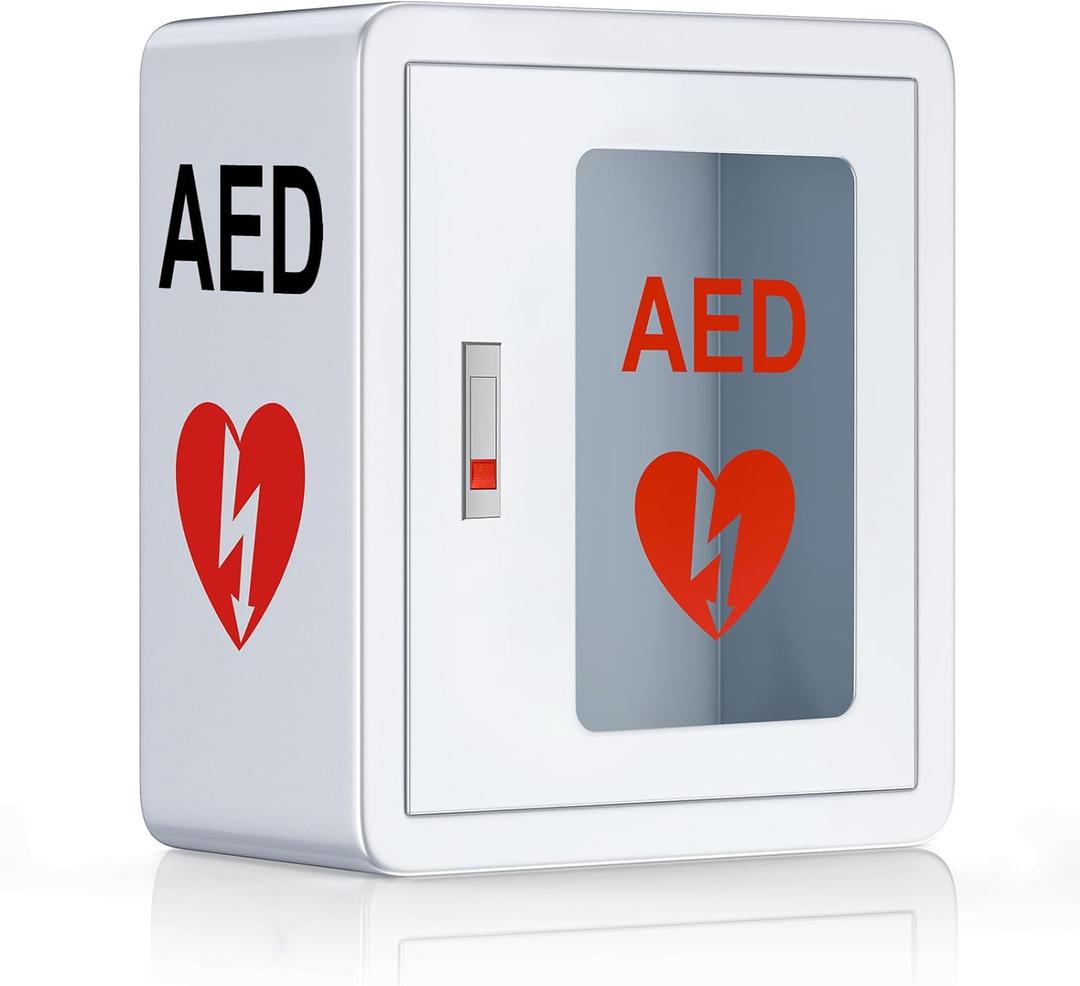 AED Cabinet, First Aid AED Defibrillator Wall Mounted Storage Cabinet, Metal Steel Plate Snap Lock, fits All Brands Cardiac Science for Public Places, 14 x 7.8 x 15.7 Inch