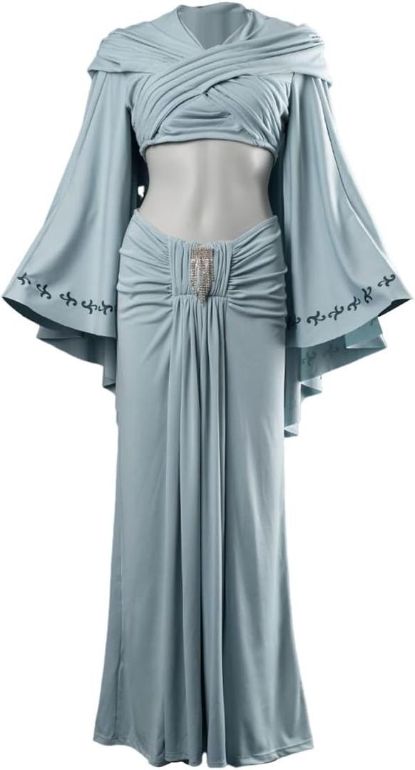 Cosfun Cosplay Costume Tops with Cape Skirts Outfits Women's 2 Piece Skirt Set Padme Blue Dress for Halloween (Large)