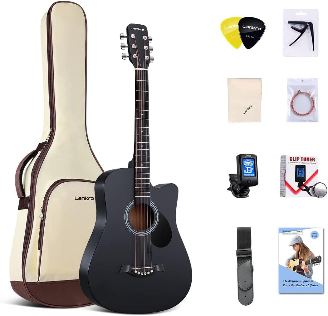 38 inch Guitar Black Acoustic Guitar Beginner kit Adult Cutaway Acoustic Guitar Guitarras Starter Set Bundle with Padded Gig Bag, Strap, Capo, Strings, Picks