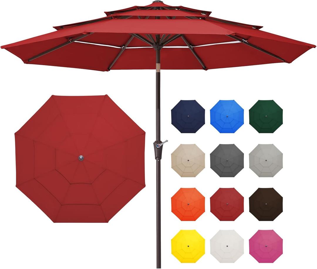 JEAREY 9FT 3 Tier Patio Umbrella Outdoor Market Umbrella Table Umbrellas with 8 Ribs 1.5 Pole Push Button Tilt and Crank UV Protection for Garden,Red