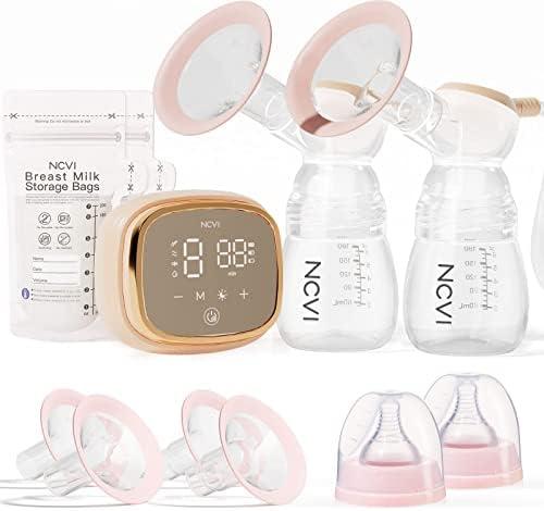 NCVI Double Electric Breast Pump 8102, Upgraded 4400mAh Battery with Night Light, Portable Breast Pump for Breastfeeding, 4 Modes & 9 Levels, LED Display, With 8 Flanges, Breastmilk Bags, Nursing Pads Orange