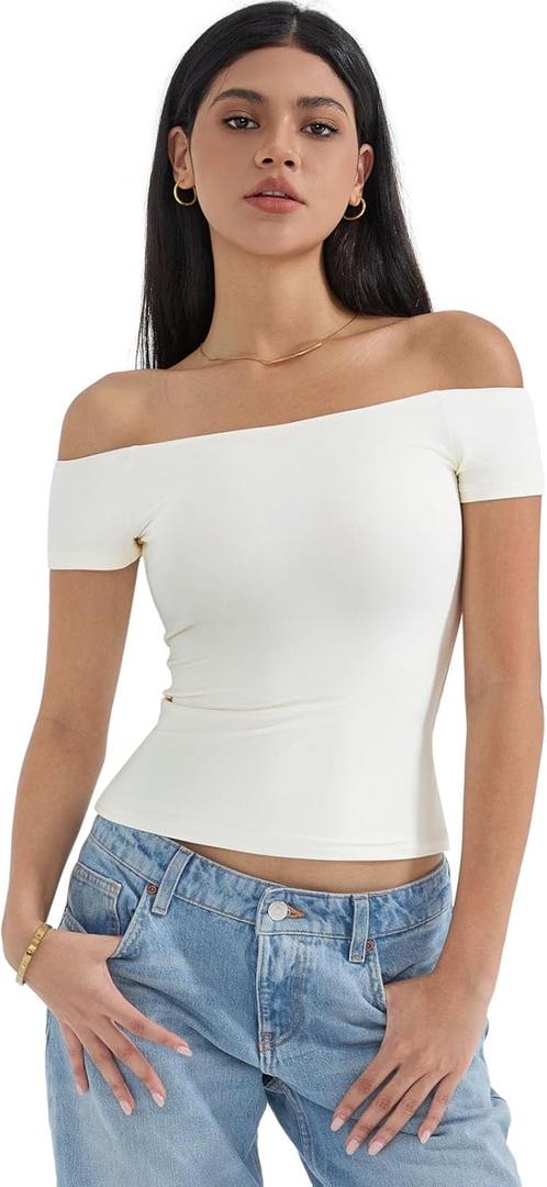 SUUKSESS Women Double Lined Off The Shoulder Tops Fitted Going Out Basic Shirts (Medium, Pearl)