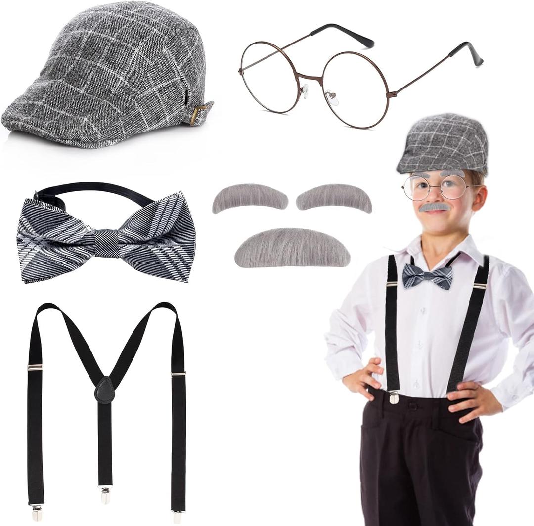 Old Man Costume for Kids,100th Day Of School Grandpa Costume Accessories including Beret Hat Suspender Bowtie beard (Grey)