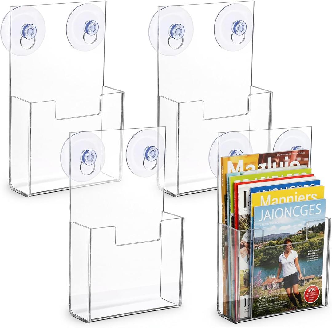 4 Pcs Acrylic Brochure Holder Wall Mount with Suction Cups 7.4"x 4.2" Clear Plastic Pamphlet Flyer Display Rack for Literature Magazine Booklet Menu Journals Stand Desk Holder Countertop Organizer