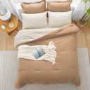 Queen Comforter Set Khaki Reversible Bedding Set, 7 Pieces Soft Bed in a Bag Queen with Comforter, Sheets, Pillowcases & Shams, All Season Boho Queen Bed Set, Contrasting Design