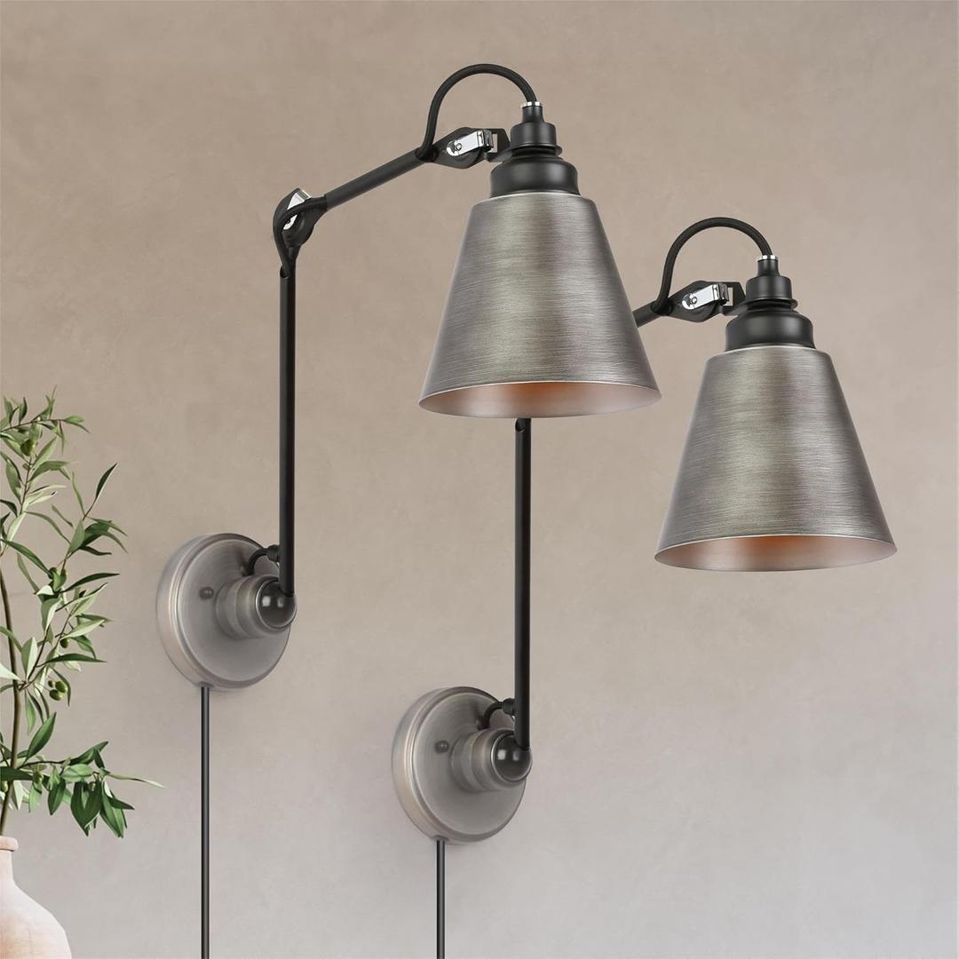 LOG BARN Wall Sconce Set of 2, Modern Plug-in or Hardwired Swing Arm Wall Sconces Adjustable Black Brushed Silver Sconce Wall Lighting for Living Room, Bedroom, Hallway, Kitchen, On/Off Switch