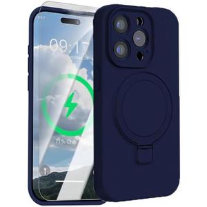 Mag-Ring Designed for iPhone 16 Pro Case, Liquid Silicone Soft Slim Phone Case with Stand [MagSafe Compatible] 1x Screen Protector Included (Midnight Blue, iPhone 16 Pro)