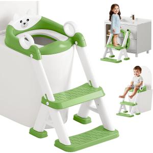 Potty Training Seat,Non Slip Foldable Toilet Training Seat with Soft Cushion, Comfortable HandlesUpgrade Toddler Toilet Seat for Kids Boys Girls,Potty Training Toilet Seat with Step Stool Ladder,Green
