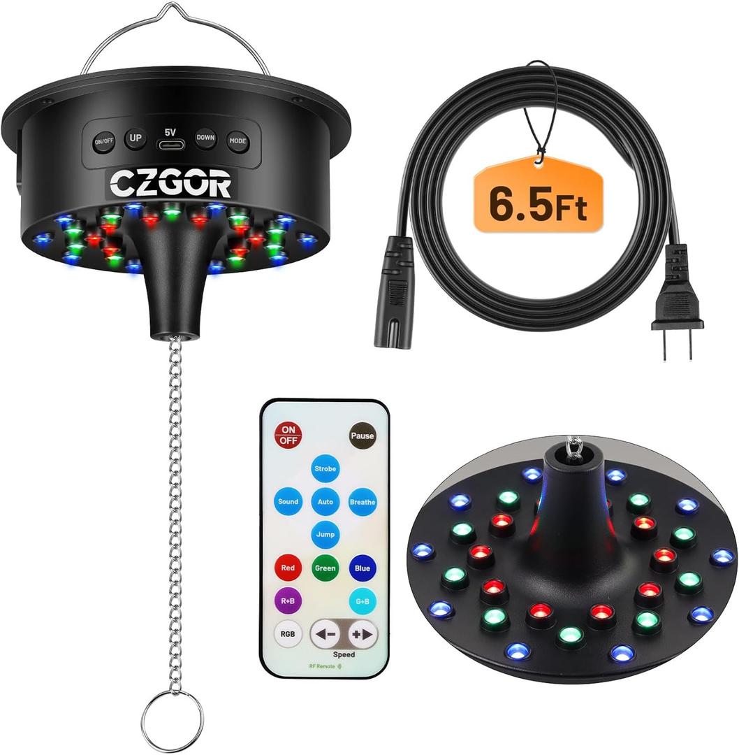 Rotating Disco Ball Motor Light with Remote, Czgor 3-15 RPM Adjustable Speed, 30 RGB LEDs, Detachable Cable/Battery/USB-C Power Mode, Supports 4'' - 16'' Mirror Balls for Party Bands Christmas Wedding