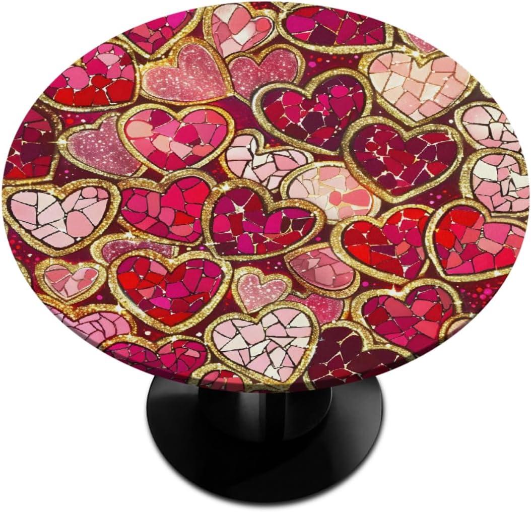 Round Tablecloth with Elastic Edge Valentine Heart Red Fitted Circle Table Cover Wipeable Round Table Cloth for Indoor Outdoor Patio Dining Kitchen Festival Decor for 45-50inch Tables