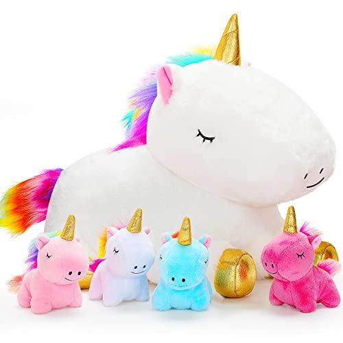 KMUYSL Toys for Girls Ages 0 1 2 3 4 5 6 7 8+ Years - Unicorn Mommy Stuffed Animal with 4 Baby Unicorns in Her Tummy, Soft Unicorn Plush Toys Set, Christmas Birthday Gifts for Baby, Toddler, Kids