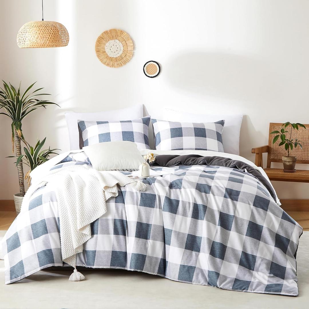 BOLINLIVING Comforter Set, Boho Stripe Comforter Set, Bed in a Bag Soft Bohemia Bedding Lightweight Breathable for All Seasons (Checkered Blue, King)