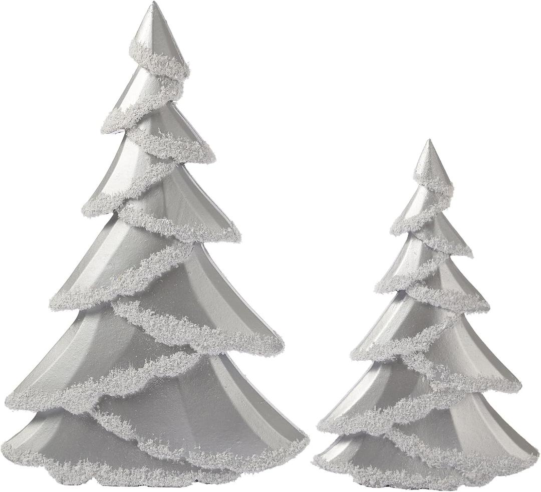 RM ROOMERS Christmas Tree Figurines Decor Wooden, Set of 2 Silver Christmas Trees Tabletop, Sparkling Glittered Xmas Tree Statues - Decorative Centerpieces for Desk, Mantel, Entryway, Home Decor