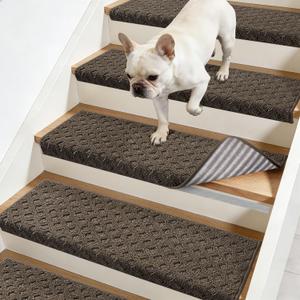 JSEI Bullnose Carpet Stair Treads, 14 Pcs Non Slip Stair Treads for Wooden Steps Indoor with TPE Backing, 11" x 30" Machine Washable Stair Runners with Edge Protection for Kids, Elders and Pets, Brown