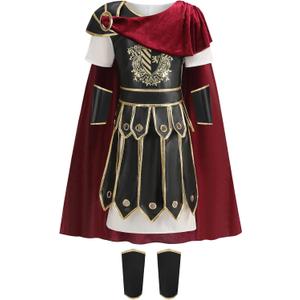 GRAJTCIN Kids Medieval Warrior Costume Roman Soldier Costume Historical Viking Gladiator Knight Halloween Renaissance Outfit (2XL (10-11Y), Black)