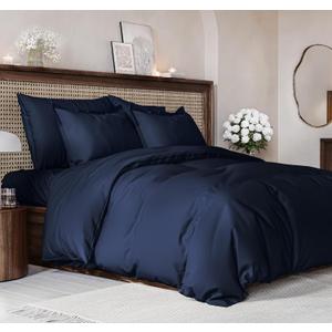 Duvet Cover Queen Size Set - Extra Soft Queen Size Duvet Cover 90 x 90 with 2 Pillow Shams - Hotel Luxury Easy Care and Fade Free w/ Zipper Closures & Ties - Comfy Breathable Bedding Set (Navy Blue)