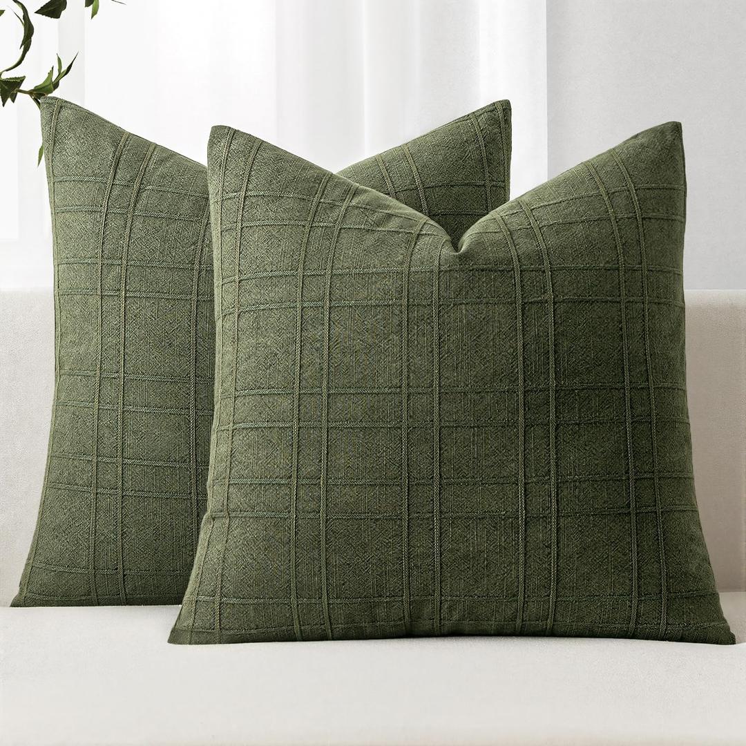 MIULEE Decorative Linen Check Throw Pillow Covers Neutral Farmhouse Vintage Pillow Covers 20x20 Inch Set of 2 Boho Modern Home Decor for Sofa Couch Bedroom Cushion Chair Dark Olive Green