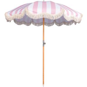 6.5ft Boho Beach Umbrella with Fringe, UPF 50+ Tassel Umbrellas with Carry Bag, Premium Wood Pole Foldable Patio Umbrella for Outdoor Holiday Garden Lawn Pool Yard Table (Pink Stripe)