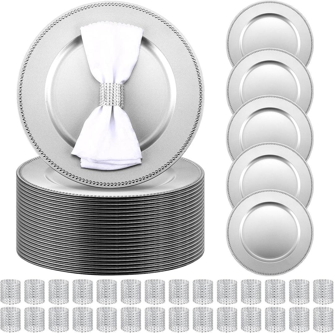 Tanlade 100 Pcs Charger Plates Bulk with Napkin Rings Set Include 50 Plastic Beaded Plate Chargers 50 Napkin Rings 13'' Round Dinner Plate Chargers Set for Table Setting Wedding Party(Silver), Beaded Style
