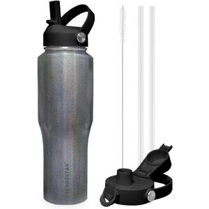 SENDESTAR 40oz Stainless Steel Water Bottle(Cold for 48 Hrs, Hot for 24 Hrs),Double Wall Vacuum Insulated Bottle with Straw Lid, Spout Lid and Flex Cap, Fit in Any Car Cup Holder,Laser Grey