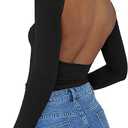 ForeFair Women Sexy Backless Short Sleeve Slim Fit Crewneck Summer Casual Y2K Crop Tee (Medium, A Black)