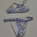 Women's 2 Piece Bathing Suit Graphic Boho Triangle Swimsuits Thong Cheeky Floral Bikini Set (S, Blue and White)