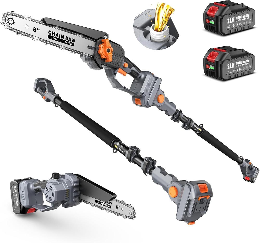 TaskStar 2-in-1 Pole Saw for Tree Trimming, 8-Inch Cordless Brushless Chainsaw with Adjustable Extension Pole, 24.0Ah Rechargeable Batteries & Charger, Auto Oiling, 15 Ft Max Reach