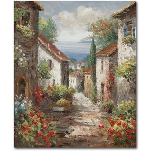 Italy Town Painting Tuscany Wall Art Streets of Mediterranean Towns Canvas Prints Landscape Picture Framed Ready to Hang Farmhouse Decor 20 x 24 Inch (23.6"L x 19.7"W, V01)