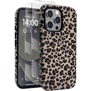 J.west Compatible with iPhone 14 Pro Max Case 6.7 inch with 2 Pack Tempered Glass Screen Protectors Cute Animal Leopard Hybrid Cover for Girls Women Aesthetic Protective Phone Cases Cheetah