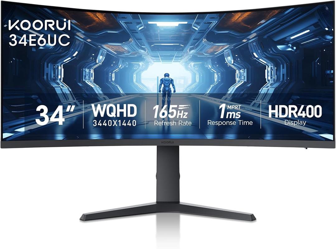 KOORUI 34-inch Curved Ultrawide WQHD 34401440 Gaming Monitor, 165Hz 1000R- PIP/PBP, 1ms(MPRT), HDR400, DCI-P3 95%, FreeSync Premium, 1 x DP 1.4 & 2 x HDMI 2.0, Tilt Height Swivel Adjustment, 34E6UC