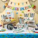 Potchen 31 Pcs Ofishally One Birthday Party Decorations 12 Fishing Bait Buckets 1 Bait Bar Accessories Sign 18 Fishing Food Labels First Birthday Party Supplies for Baby Shower Buffet Decors