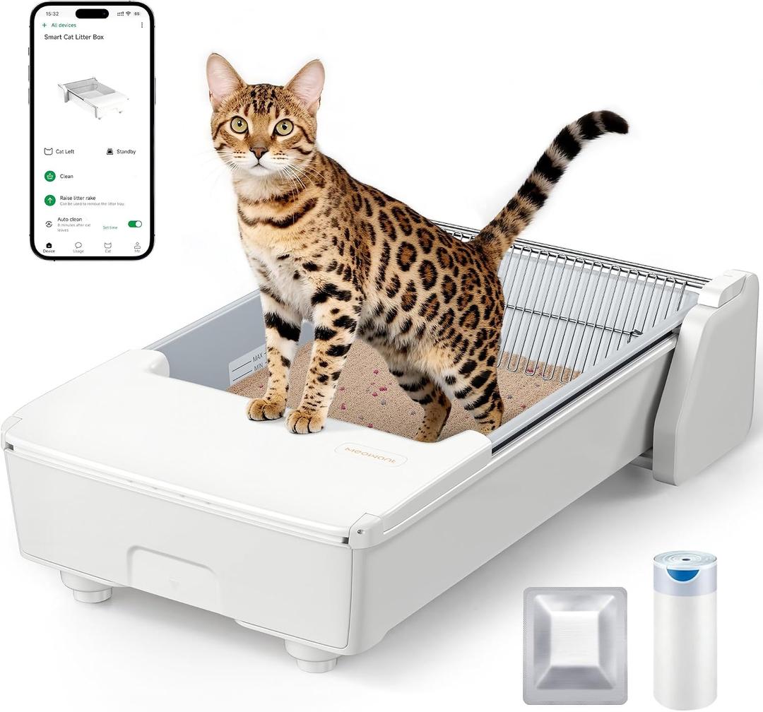 Meowant Automatic Litter Box, Self Cleaning Cat Litter Box with App Control, Open Top Cat Box for Multi Cats, Dual Rake, Works with Clumping Litter, Anti Pinch Safety Feature, Odor Control