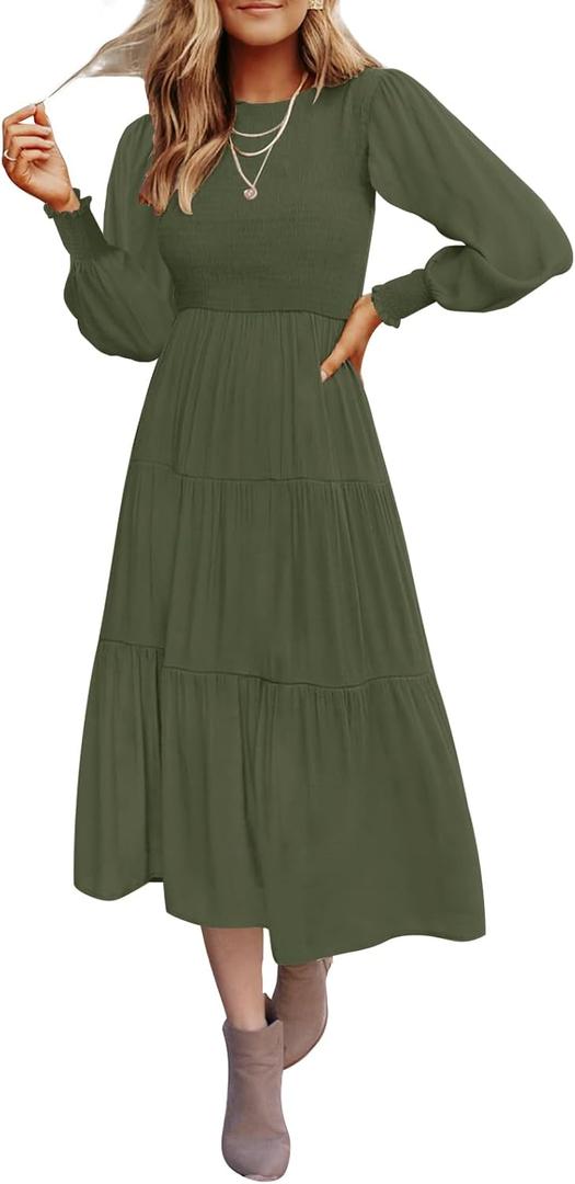 ZESICA Women's Casual Long Sleeve Crew Neck High Waist Smocked Flowy Tiered Midi Dress (X-Large, Armygreen)