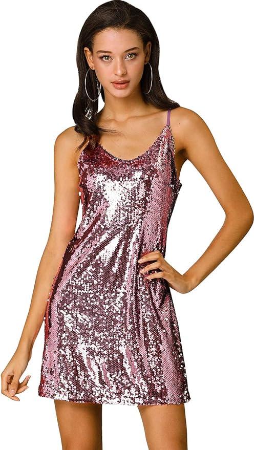 Allegra K Women's Glitter Sequin Dress Spaghetti Strap V Neck Party Cocktail Sparkly Mini Dress Clubwearsize, Small