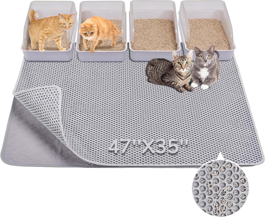 BurgeonNest Cat Litter Mat 47" x 35" Upgraded Felt & Fabric Material Cat Trapping Mat for Fewer Creases, Extra Large Hold 3-4 Litter Boxes Urine-Proof Non-Slip, Machine Washable, Soft on Paws, Grey