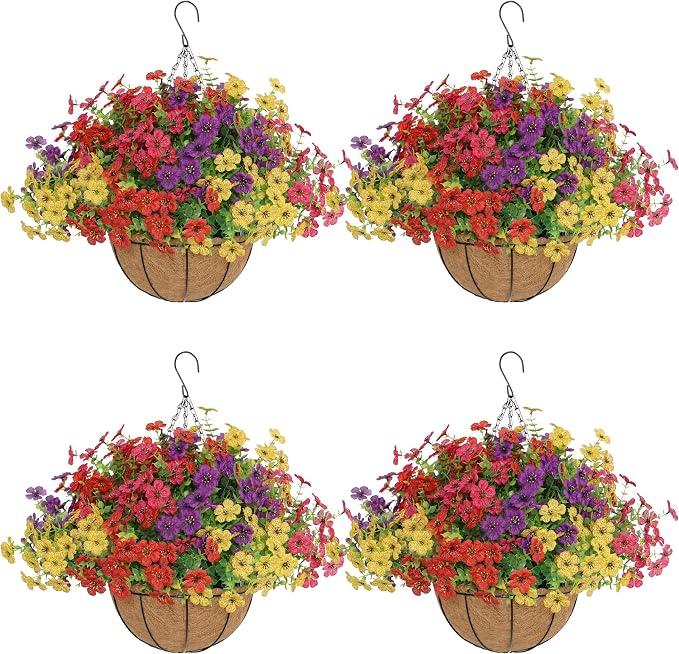 Zounys 4 Set Artificial Faux Hanging Plants Flowers Basket for Summer, Artificial Outdoor Flowers Hanging Basket, UV Resistant Artificial Flowers, Front Porch Garden Patio Home Decor