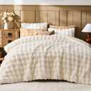 Lotus Karen Faux Fur Queen Comforter Set  Cream White Fluffy Comforter Queen Size, Big Bubble Faux Rabbit Fur Bedding Comforter Sets, Warm Cozy Fuzzy Bed Set 3 Pieces, 1 Comforter and 2 Pillowcases