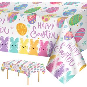 2 Pcs Happy Easter Table Cloth - Plastic Bunny Eggs Tablecloth, Disposable Rectangle Spring Floral Table Cover for Easter Home Dining Kitchen Activity Party Decorations Tables Decor, 108 x 54 Inch